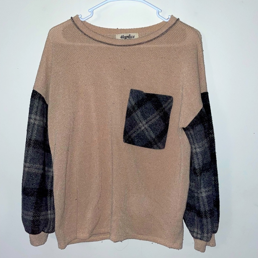 Taupe Plaid Long Sleeve Top
